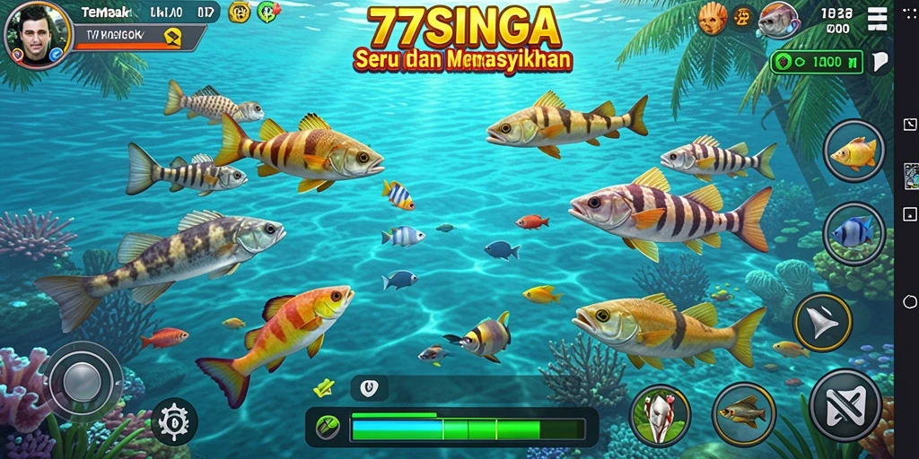 Screenshot gameplay 77SINGA menunjukkan aksi seru menembak ikan.