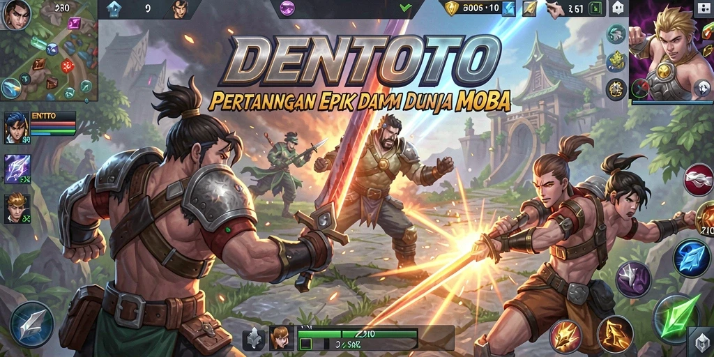 Tampilan gameplay epik di DENTOTO dengan pertarungan seru tim MOBA.
