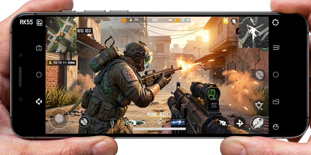 Screenshot RK55 menampilkan aksi tembak-menembak yang intens dalam gameplay FPS.