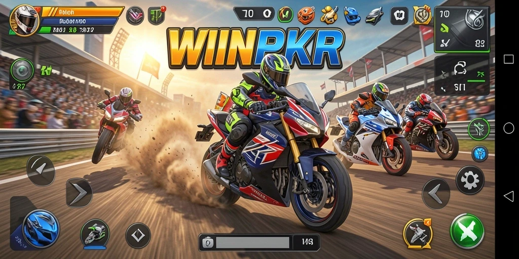 Tampilan gameplay WINPKR yang mendebarkan dan penuh aksi balapan motor.