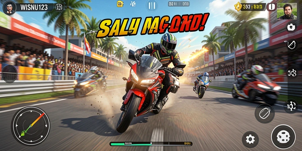 Screenshot WISNU123 menampilkan aksi balap motor yang mendebarkan.